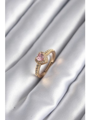 Flamex Pirinç Gold Renk Pembe Zirkon Taş Kalp Charm Model Kadın Yüzük