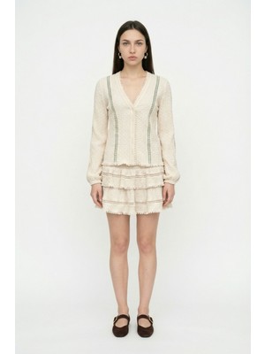 Quzu Beli Lastikli Dokulu Fırfırlı Mini Etek Bej