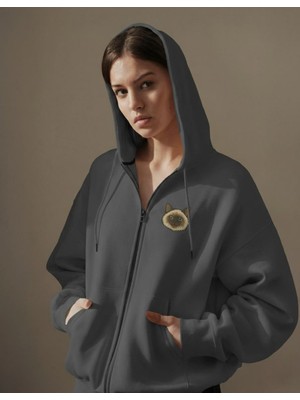 Muhtar Store Kadın Siyam Kedisi Baskılı Tam Boy Fermuarlı Oversize Hoodie