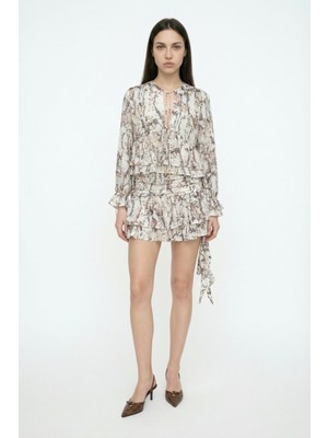 Quzu Desenli Fırfırlı Mini Etek Bej