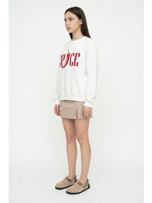 Quzu Spice Baskılı Oversize Sweatshirt Ekru