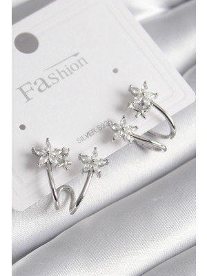 Flamex Pirinç Gümüş Renk Zirkon Taşlı Çiçek Model Kadın Küpe