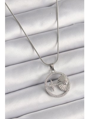 Flamex 316L Çelik Gümüş Renk Zincir Zirkon Taşlı Yıldız Madalyon Model Kadın Kolye