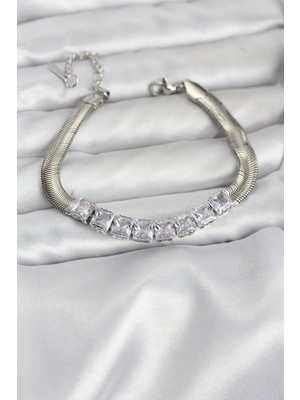 Flamex 316L Çelik Gümüş Renk Kare Zirkon Taşlı Yılan Zincirli Kadın Bileklik