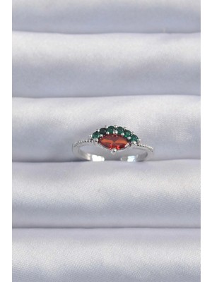 Flamex Pirinç Gümüş Renk Renkli Zirkon Taşlı Ayarlanabilir Karpuz Model Yüzük