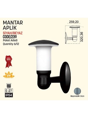 Bahçe Aplik, Mantar, E27, Siyah, Zita 239