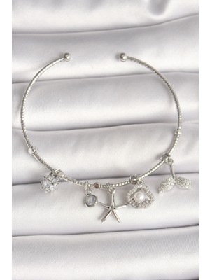 Flamex Pirinç Gümüş Renk Sallantı Zirkon Taşlı Deniz Yıldız Figür Balık Kuyruğu Detay Charm Kad