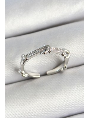 Flamex Pirinç Düğüm Figürlü Zirkon Taşlı Gümüş Renk Ayarlanabilir Kadın Yüzük