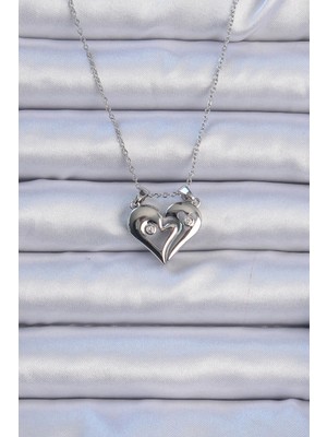 Flamex 316L Çelik Zincir Gümüş Renk Zirkon Taşlı Mıknatıslı Kalp Kolye