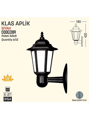 Bahçe Aplik, Klas, E27, Siyah, Zita 289