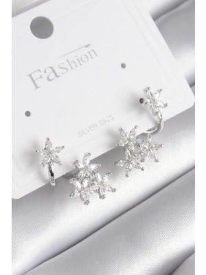 Flamex Pirinç Gümüş Renk Zirkon Taşlı Çiçek Tasarım Kadın Küpe