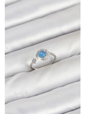 Flamex Pirinç Gümüş Renk Zirkon Taşlı Ay Yıldız Kadın Yüzük