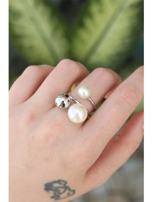 Flamex Pirinç Gümüş Renk Ayarlanabilir Inci Taşlı Yüzük