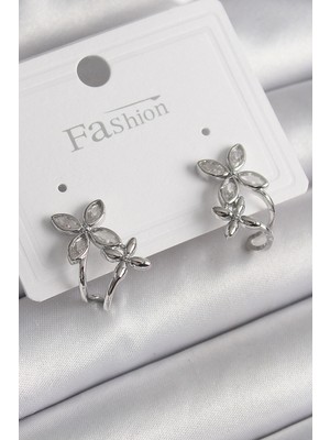 Flamex Pirinç Gümüş Renk Zirkon Taşlı 2'li Çiçek Model Kadın Küpe