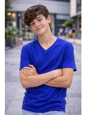 Genç Erkek Çocuk V Yaka Tişört Yazlık Model Günlük Basic Body - Saks Mavisi