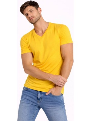 Erkek T-Shirt V Yaka Slim Fit Dar Kesim Likralı Tişört Günlük Basic Body - Limon