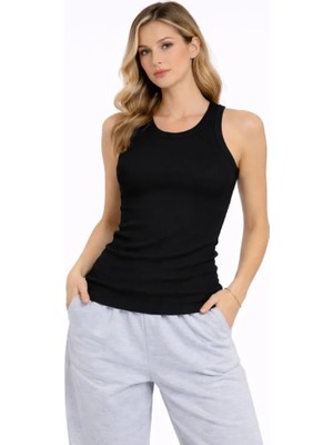 Çamaşır Kenti Fitilli Atlet Sıfır Yaka Slim Fit Arka Baskılı Spor Atlet - Siyah