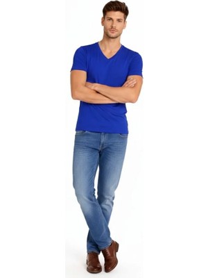 Çamaşır Kenti Erkek T-Shirt V Yaka Slim Fit Dar Kesim Likralı Tişört Günlük Basic Body - Saks Mavisi