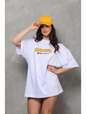Çamaşır Kenti Unisex Bisiklet Yaka Baskılı Oversize T-Shirt - Beyaz