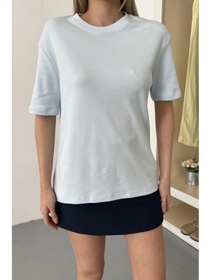 Giysa Kadın Bisiklet Yaka %100 Pamuklu Basic T-Shirt Mavi - 26Y 26650