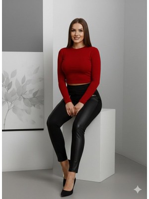 Çamaşır Kenti Kadın Yüksek Bel Deri Detaylı Fermuarlı Dalgıç Tayt