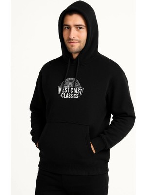 Çamaşır Kenti Erkek Üç Iplik Kapüşonlu Ön ve Arka Baskılı Sweatshirt Hoodie - Siyah