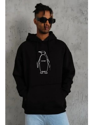 Çamaşır Kenti Erkek Nihilist Penguen Özel Tasarım Oversize Kapüşonlu Sweatshirt - Siyah