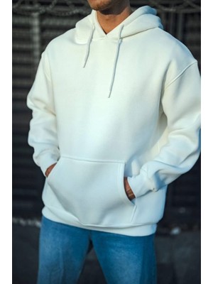 Çamaşır Kenti Üç Iplik Penye Kapşonlu Basic Sweatshirt - Beyaz