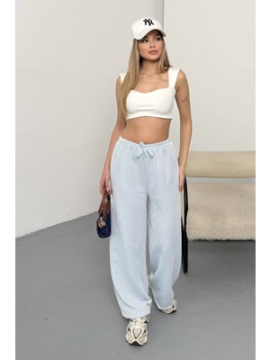 Giysa Kadın Beli Lastikli Bol Paça Çizgili Pantolon Mavi - 26Y 5004
