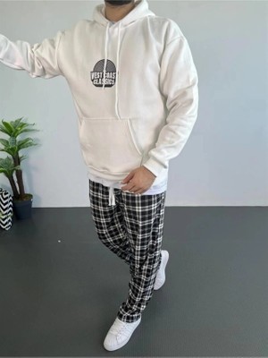 Çamaşır Kenti Erkek Oversize Üç Iplik Kapüşonlu Sweatshirt – Beyaz Ön Baskılı, Kanguru Cepli, Rahat Kal�
