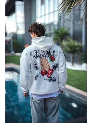 Çamaşır Kenti Üç Iplik Penye Kapşonlu Baskılı Sweatshirt - Beyaz