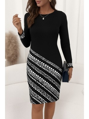 Çamaşır Kenti Kadın Uzun Kollu Bisiklet Yaka Desenli Dalgıç Elbise