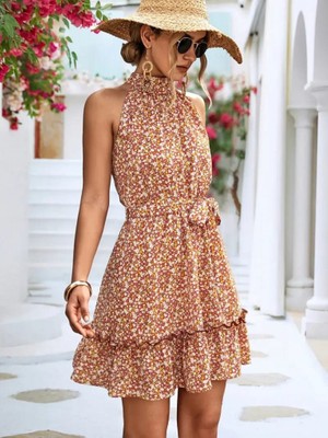 Çamaşır Kenti Kadın Eteği Volanlı Halter Yaka Süprem Elbise