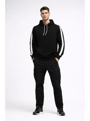 Çamaşır Kenti Erkek Şeritli Kapüşonlu Sweatshirt Oversize 3 Iplik Pamuklu - Siyah