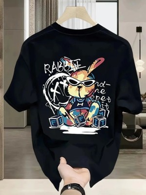 Çamaşır Kenti Baskılı Oversize Bisiklet Yaka T-Shirt - Siyah