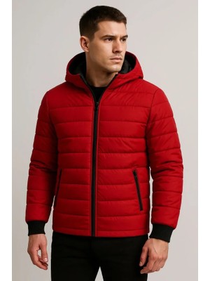 Çamaşır Kenti Erkek Şişme Kapüşonlu Fermuarlı Mont Su Itici Kapitone Astarlı Kumaş Cepli Kışlık Rahat Ka