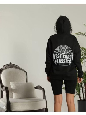 Çamaşır Kenti Unisex Sırt Baskılı Kapüşonlu Üç Iplik Oversize Sweatshirt - Siyah