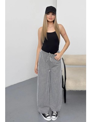 Giysa Kadın Beli Lastikli Bol Paça Çizgili Pantolon Siyah - 26Y 5004
