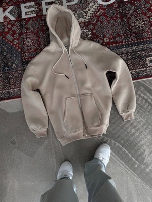 Çamaşır Kenti Oversize Tam Fermuarlı Uzun Kol Hırka - Bej
