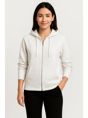Çamaşır Kenti Üç Iplik Kapüşonlu Tam Fermuarlı Kanguru Çepli Sweatshirt Hoodie - Beyaz