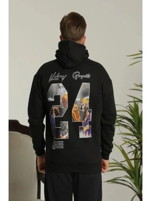 Çamaşır Kenti Erkek Baskılı Oversize Üç Iplik Kapüşonlu Sweatshirt - Siyah