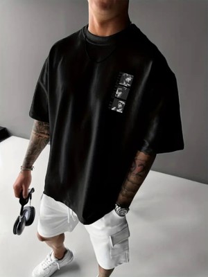 Çamaşır Kenti Baskılı Oversize Bisiklet Yaka T-Shirt - Siyah