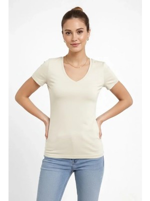 Çamaşır Kenti T-Shirt V Yaka Slim Fit Likralı Tişört Günlük Basic Body - Taş