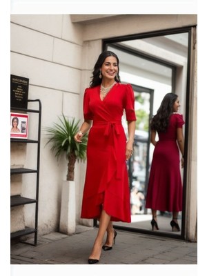 Çamaşır Kenti Kadın Kruvaze Yaka Midi Boy Kuşaklı Krep Elbise 120 cm