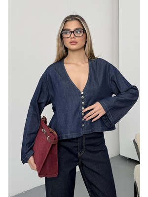 Jee Lee Kadın Düğme Detaylı Kısa Kot Ceket Lacivert - 26Y 1755