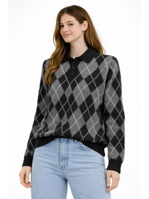 Modaplaza Kadın Baklava Desen Polo Yaka Kazak 5593