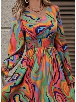 Çamaşır Kenti Kadın Uzun Kollu V Yakalı Desenli Maxi Süprem Elbise