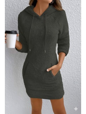 Çamaşır Kenti Kadın Uzun Kollu Kapşonlu Cepli Mini Peluş Elbise
