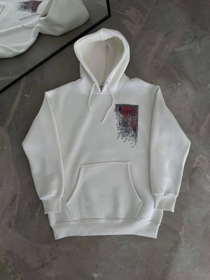 Çamaşır Kenti Uzun Kol Kapşonlu Ön ve Arka Baskılı Sweatshirt - Beyaz