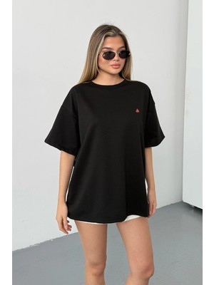 Giysa Kadın Bisiklet Yaka Uğur Böceği Aksesuarlı 2ip T-Shirt Siyah - 26Y 26608